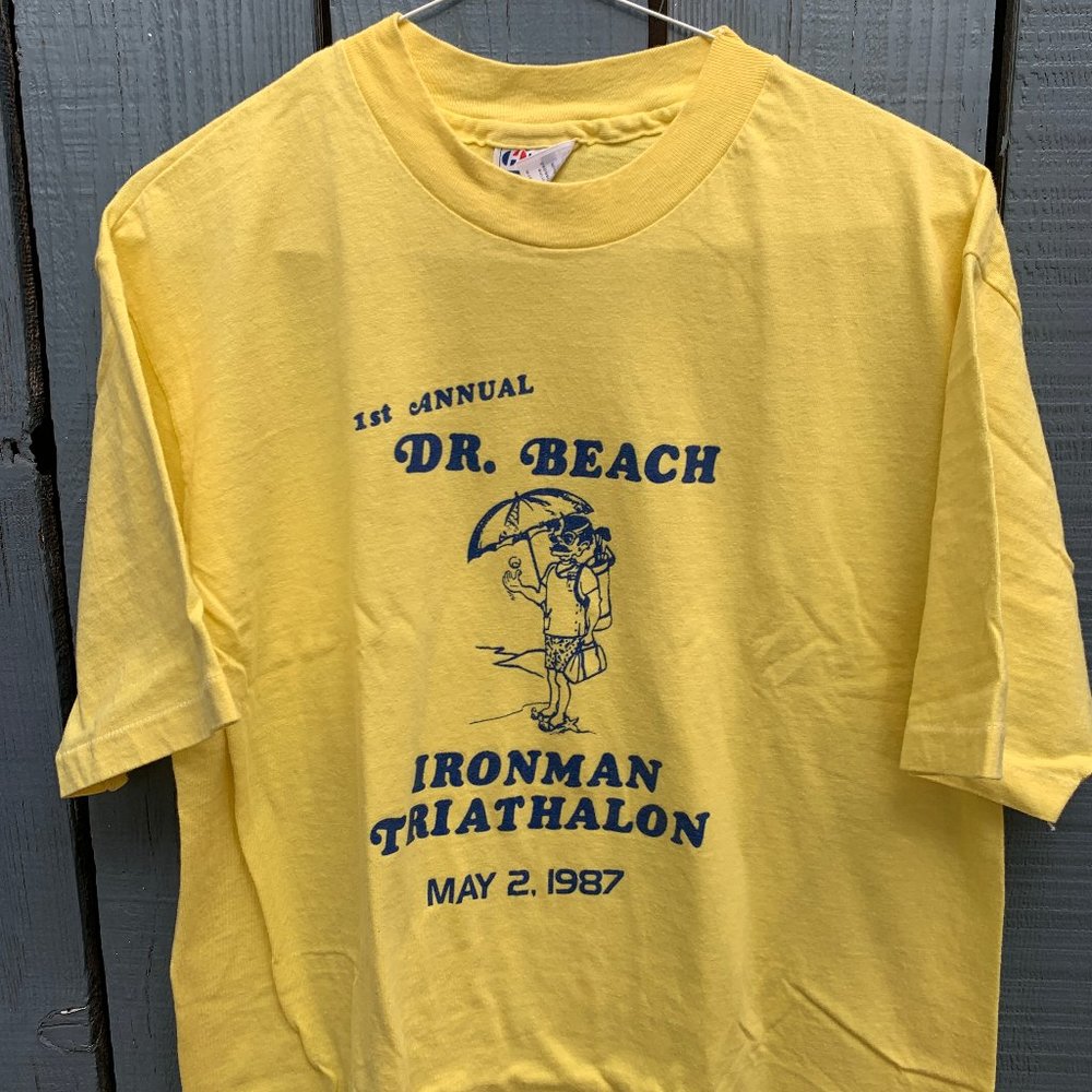 Dr. Beach Ironman Triathalon May 2 1987 Vintage 80s Yellow Graphic Shirt Size L